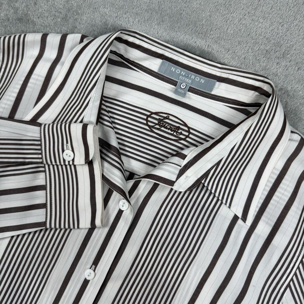 Foxcroft Non-Iron Fitted Shirt Women 12 White Brown Striped Cotton Long Sleeve